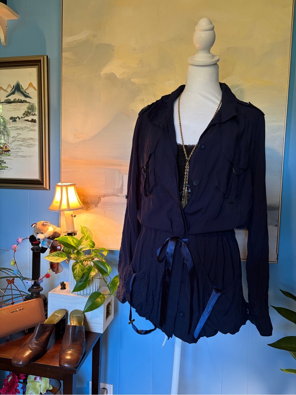 a.n.a Navy Blue Lightweight Utility Jacket with Waist Tie